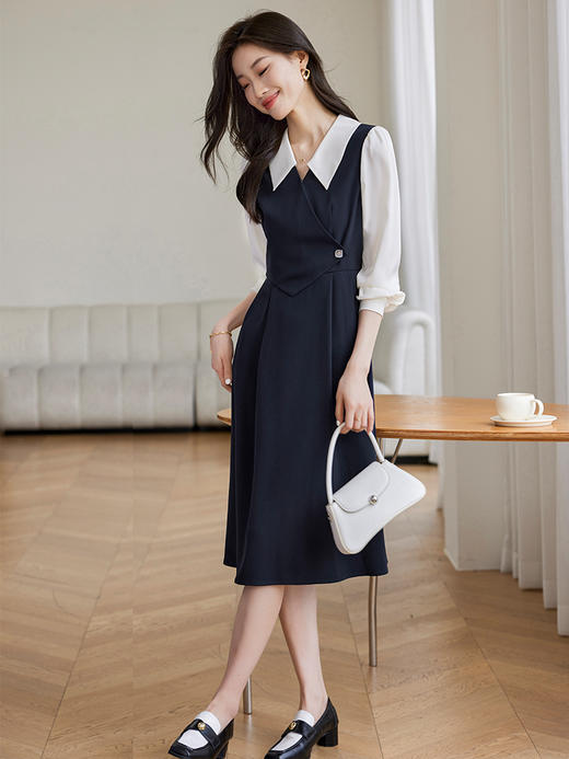 【专属特价】熙世界假两件拼接连衣裙女2025早秋款气质优雅撞色长袖衬衫裙子 商品图3