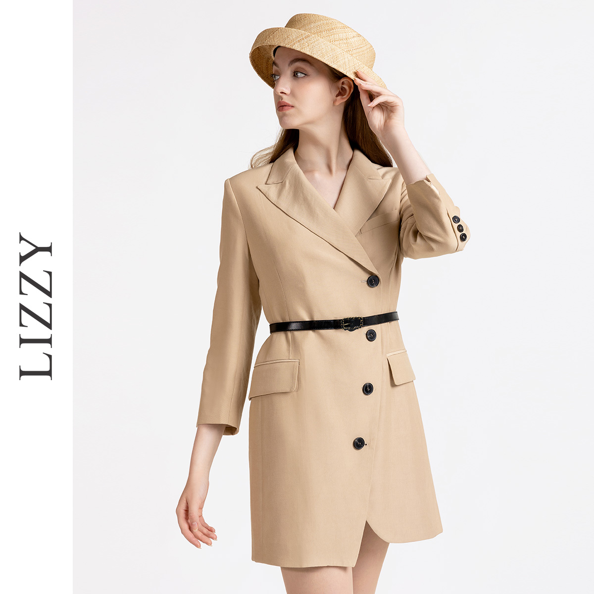 LIZZY 早秋 双排扣长袖气质优雅时尚老钱风修身西装连衣裙7870