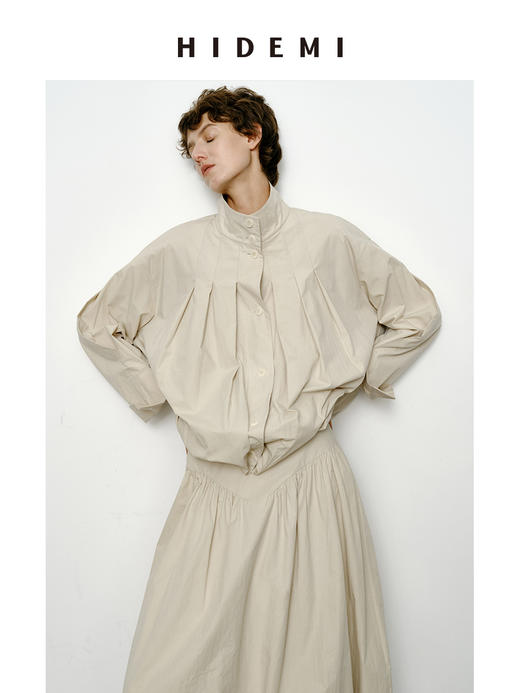 HIDEMI 褶皱花苞感做旧感水洗棉立体剪裁短款立领薄外套套装 商品图9