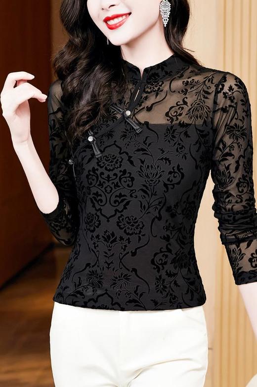 秋季新款，中式百搭黑色镂空植绒网纱盘扣长袖打底衫女t恤KQL-E37M2662 商品图3