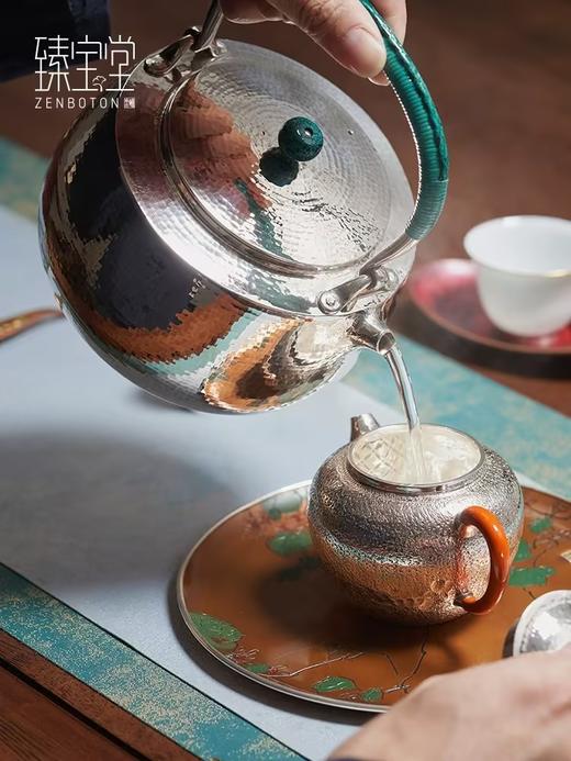 【限量珍藏】臻宝堂9999纯银烧水壶纯手工一张打锤纹提梁煮茶壶中式茶具高档茶器银壶 提梁井栏壶(规矩锤纹)样品 商品图4