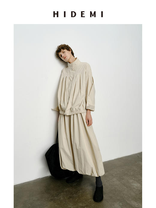 HIDEMI 褶皱花苞感做旧感水洗棉立体剪裁短款立领薄外套套装 商品图5