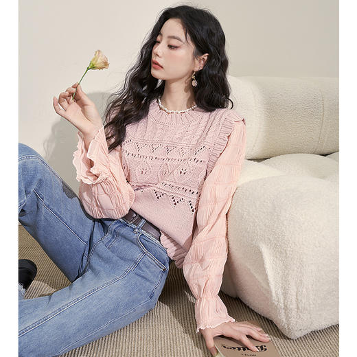 减龄镂空小众针织衫女新款拼接袖子假两件圆领上衣女V1938332 商品图0