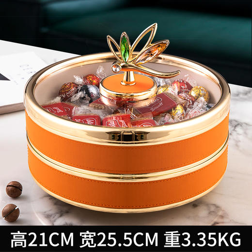 高档轻奢密封干果收纳盒客厅茶几水果盘双层旋转点心盒零食糖果盒珐琅彩蜻蜓双层果盘 （合金+皮革款） 商品图4