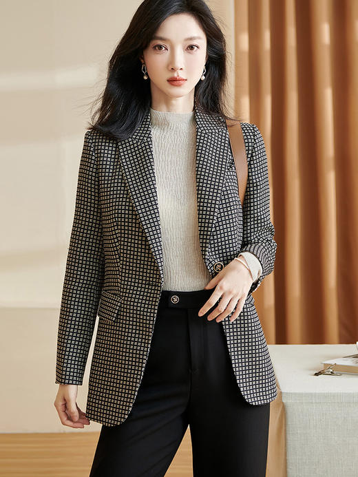 剩S 【 现货】米思阳2024秋季新款OL职场风格纹西装戗驳领一粒扣长袖外套女2686 商品图1