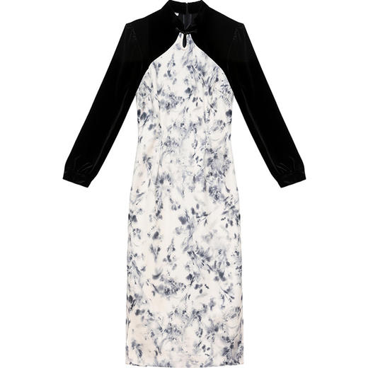 QYM YX-MQ26164-Y 复古连衣裙拼色印花裙2023年秋季新款长袖旗袍裙中长款开衩一步裙 商品图4