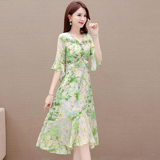 夏季新款，短袖裙荷叶边拼结中长款鱼尾裙时尚女装印花连衣裙QYM-TYP-YLYM817-Y 商品图5