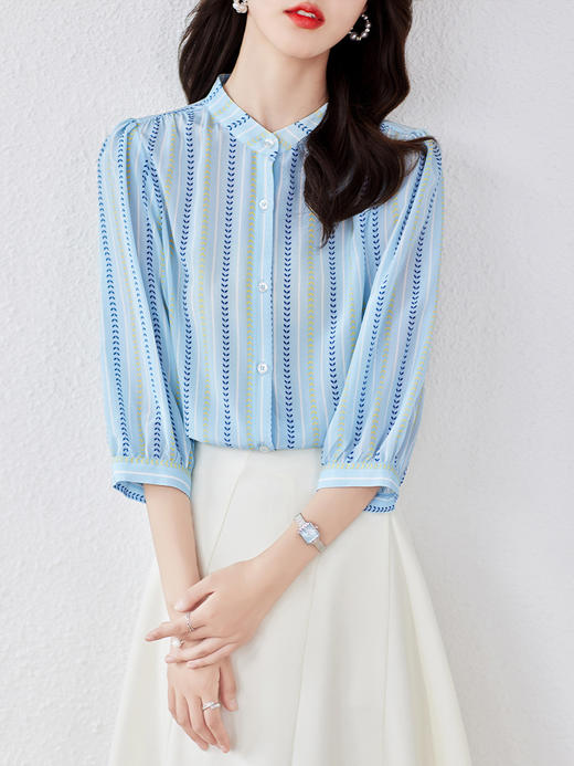 LS-1147真丝衬衫女2023新款蓝条纹七分袖时尚百搭大码宽松桑蚕丝上衣 商品图1