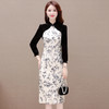 QYM YX-MQ26164-Y 复古连衣裙拼色印花裙2023年秋季新款长袖旗袍裙中长款开衩一步裙 商品缩略图5