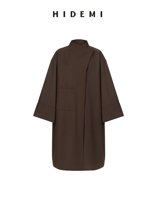 HIDEMI 不对称设计感翻领廓形口袋精纺羊毛中长款风衣 商品图8