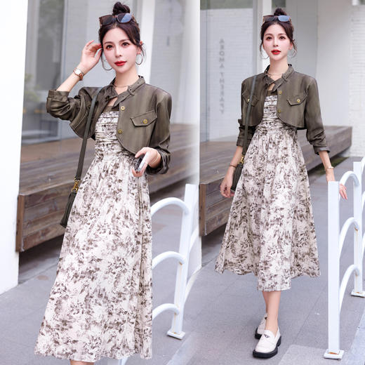 秋季新款，百搭皮衣外套+水墨画吊带连衣裙两件套HR-YJLY8011 商品图3