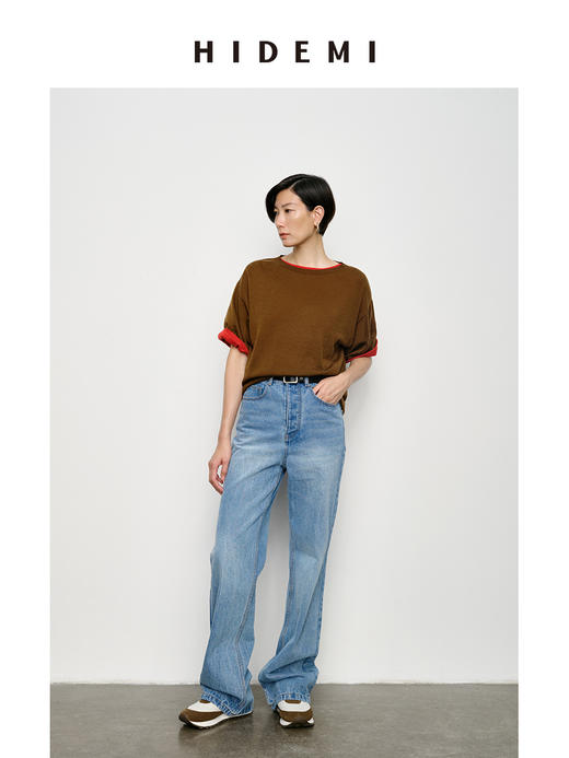 HIDEMI 极简圆领廓形宽松扬子纱无缝一体成型羊毛针织短袖叠穿神器 商品图1