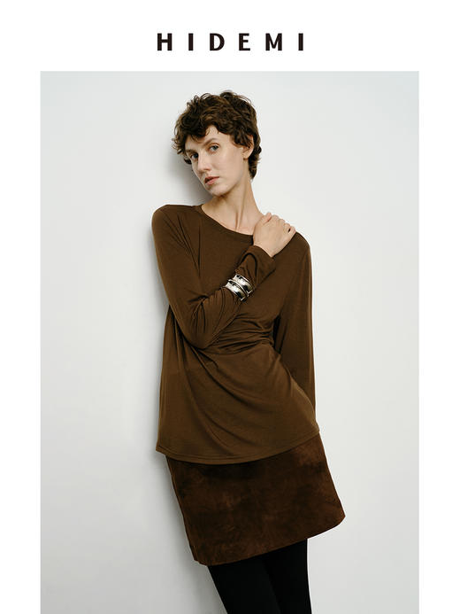 HIDEMI 叠穿神器 极简圆领超软糯宽松廓形长袖亲肤长袖T恤  巧克力色/浅灰色/黑色/白色 商品图7