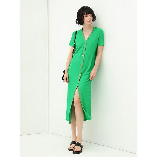 COCOBELLA大V领坑条短袖针织连衣裙女气质两穿OP长裙开衫NFR9 商品图1