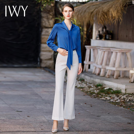 IWY/高级感蓝色缎面衬衫套裤女时尚设计感绑带衬衣职业装工作服B485 商品图1