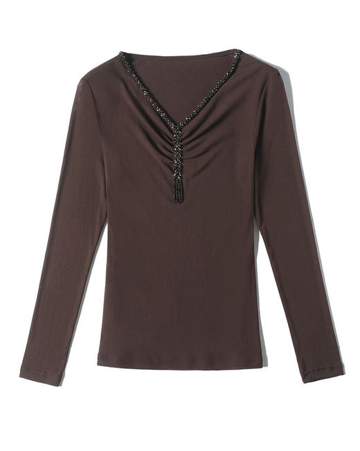 V领纯色网纱钉珠长袖打底衫，女t恤秋新款中袖百搭t恤女上衣KQL-E37M2665 商品图3