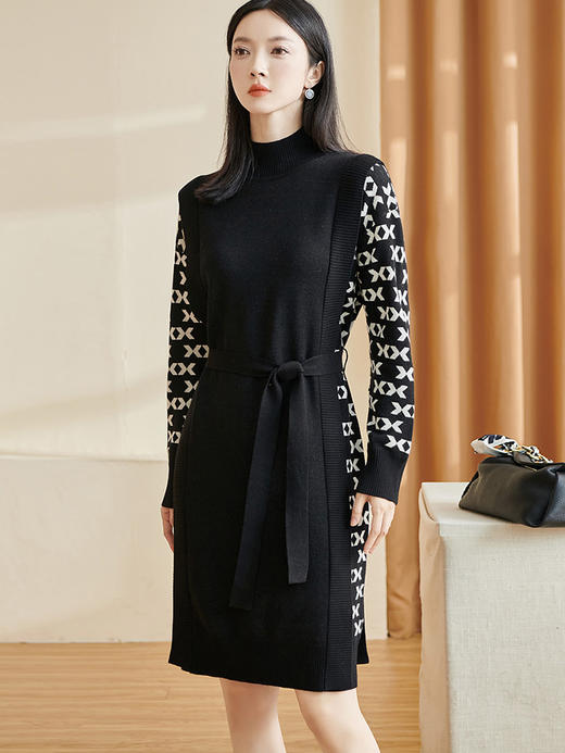 剩S/M/XL 米思阳2026春季新款时尚设计感连衣裙拼接几何长袖绑带一步裙2510 商品图1