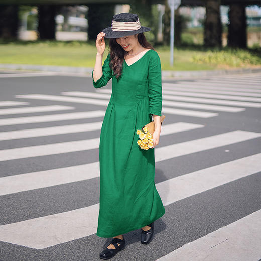 预售7-10天|一姐私服原创 定制汉麻、色织亚麻 法式V领短袖优雅连衣裙 商品图7