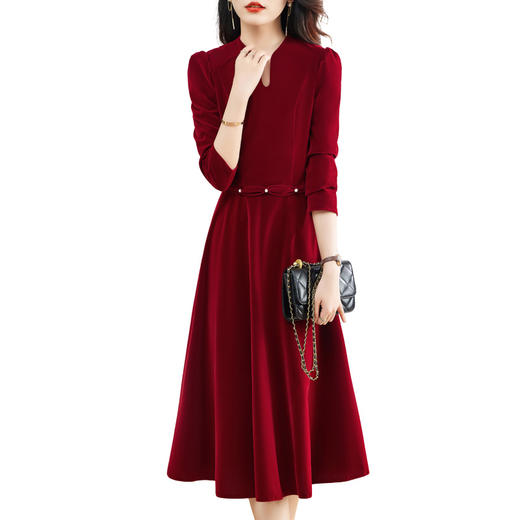 优雅修身，纯色收腰柔绒连衣裙HR-MLJL8202 商品图1