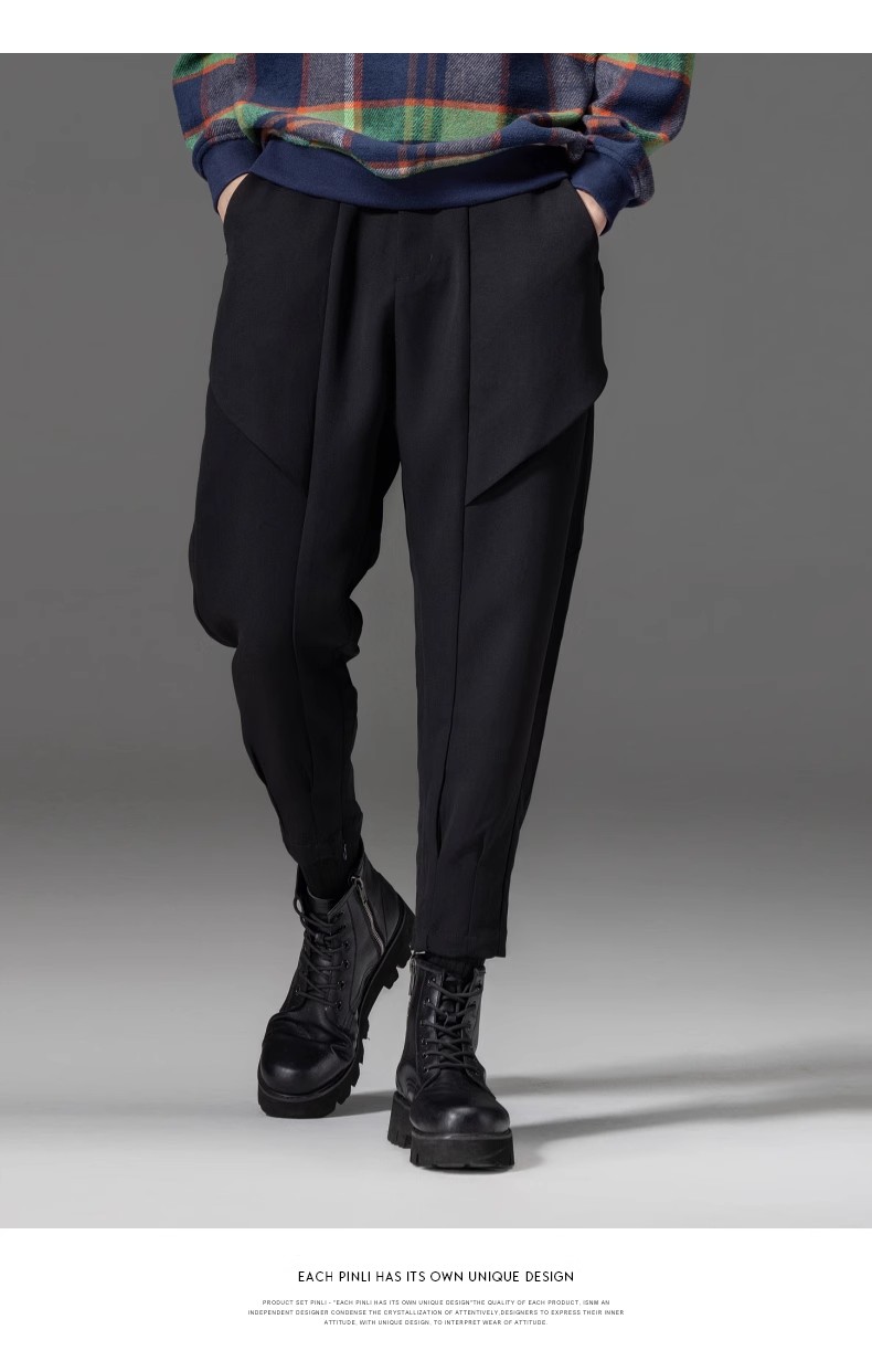 PINLI品立秋季新品男纯色小脚休闲裤潮牌百搭束脚黑色九分裤B233117018