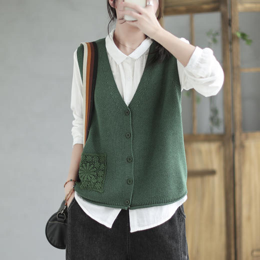 百媚生 复古宽松简约蕾丝口袋V领针织开衫马甲背心 513-17 商品图0