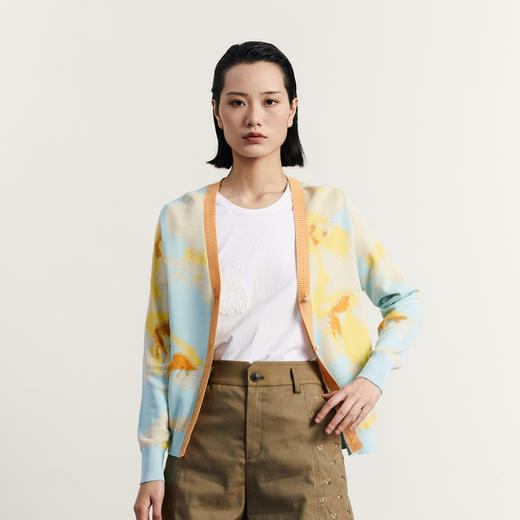 谜底V领针织开衫女2023秋新款复古文艺提花H型针织外套233MZ1291 商品图0