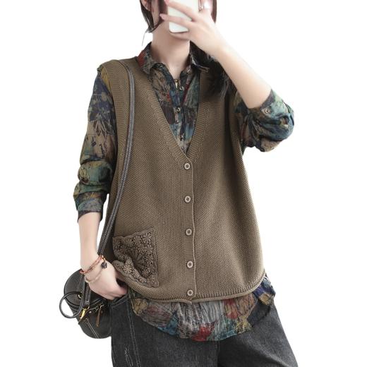 百媚生 复古宽松简约蕾丝口袋V领针织开衫马甲背心 513-17 商品图4