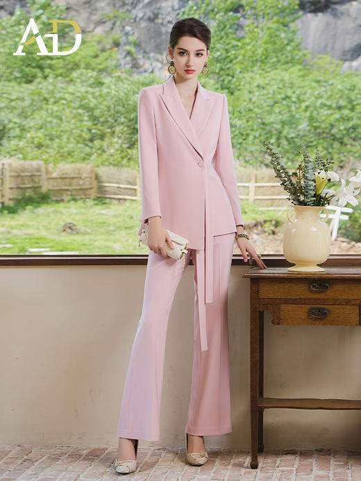 AD气质风女总裁西装套装新款粉色职业装系带小西服外套不规则正装 商品图0