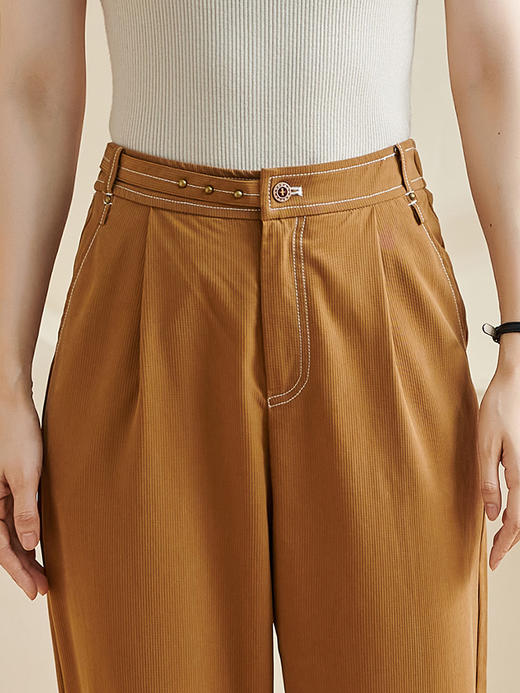 米思阳2026春季新款通勤百搭卡其色休闲裤螺纹纽扣修身裤子女2561 商品图4