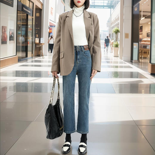 HEY+JEANS直筒牛仔裤女2023韩版新款高腰显瘦小个子高弹力烟管裤 商品图1