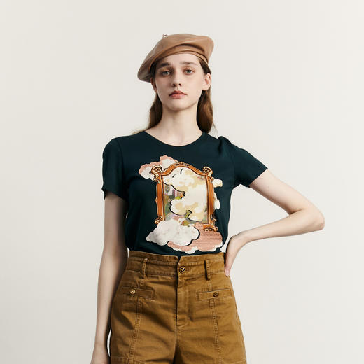 谜底短袖T恤女2023秋季新款百搭合体原创印花圆领纯棉T233MT1105 商品图0