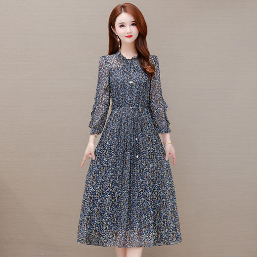 QYMCR-CS21A35-L 中长款印花收腰时尚连衣裙2023年春款圆领长袖通勤优雅打底裙 商品图1