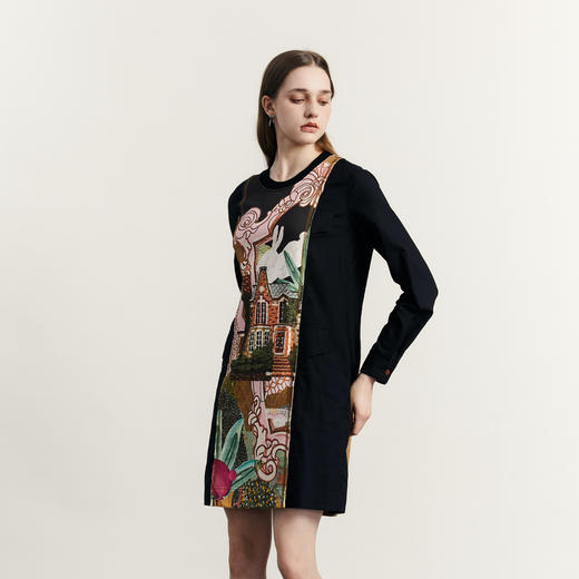 谜底连衣裙长袖女2023秋新款复古原创印花拼接感中长裙233ML1132 商品图1