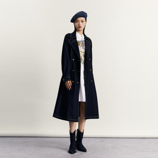 谜底丹宁风牛仔风衣女2023秋季新款翻驳领双排扣长外套233ME1074 商品图0
