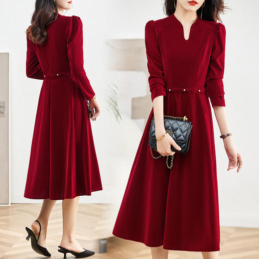 优雅修身，纯色收腰柔绒连衣裙HR-MLJL8202 商品图4