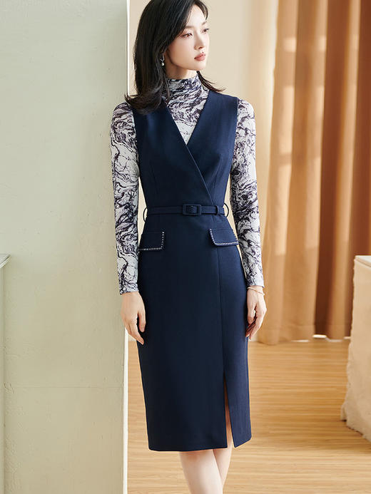 米思阳2024秋季新款优雅复古无袖连衣裙藏蓝色v领系带裙子女2514 商品图1