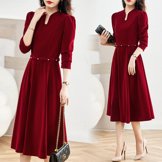 优雅修身，纯色收腰柔绒连衣裙HR-MLJL8202 商品图0