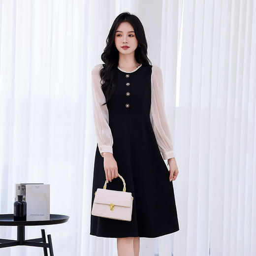 奢姿2025秋季法式赫本风气质简约花边圆领撞色长袖收腰连衣裙9933852608 商品图1