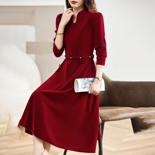 优雅修身，纯色收腰柔绒连衣裙HR-MLJL8202 商品图2