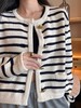 【春季上新！】复古小香风针织开衫 金扣撞色条纹圆领 春秋法式宽松短款外搭 毛衣外套 商品缩略图0