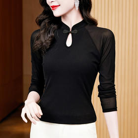 修身显瘦，古典中式黑色长袖网纱打底衫夏新款百搭t恤女上衣KQL-E37M2667
