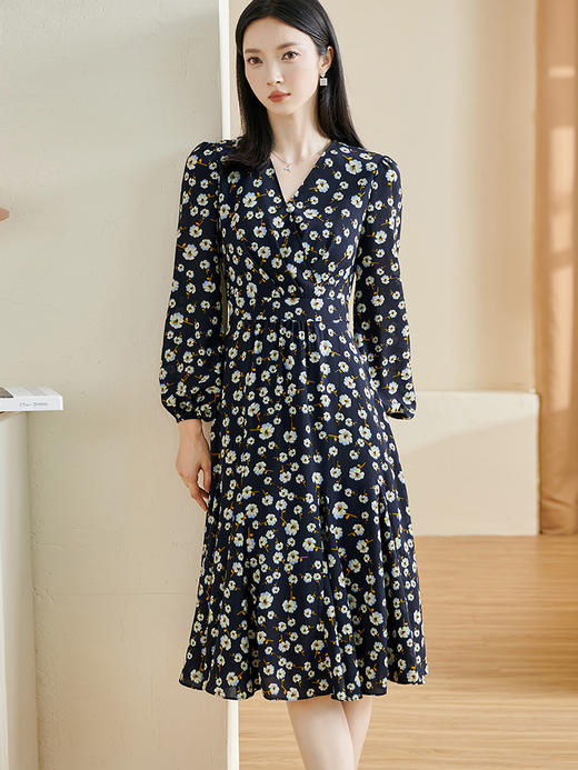 剩S/M 米思阳2026春季新款优雅气质碎花连衣裙v领褶皱长袖收腰裙子2749 商品图1