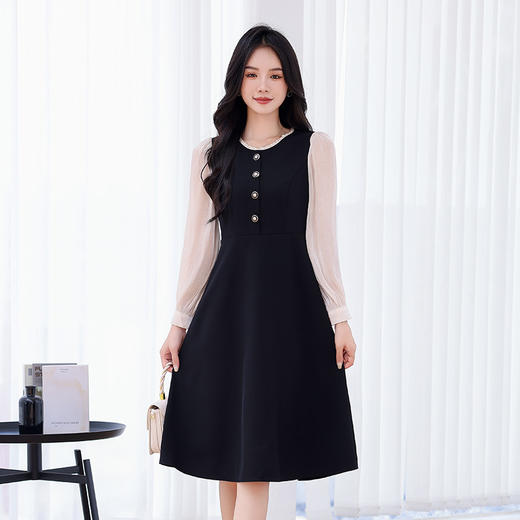 奢姿2025秋季法式赫本风气质简约花边圆领撞色长袖收腰连衣裙9933852608 商品图0