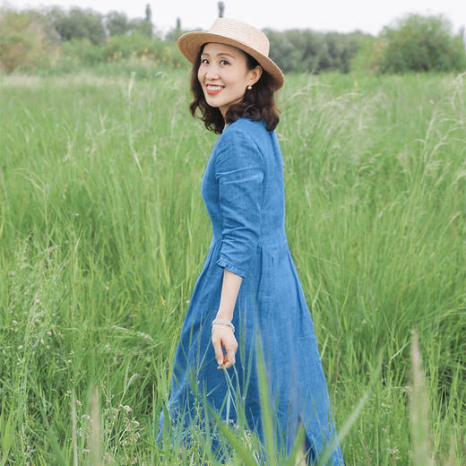 预售7-10天|一姐私服原创 定制汉麻、色织亚麻 法式V领短袖优雅连衣裙 商品图6