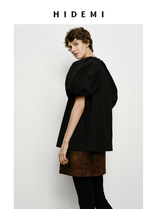 HIDEMI 特殊工艺纸感微浮雕艺术面料抽绳设计感大翻领上衣 商品图3