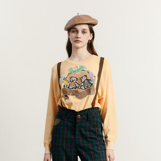 谜底圆领套头针织衫女2023秋新款复古文艺绣花毛衫长袖233MZ1293 商品图0