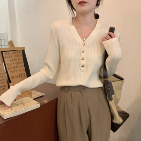 【初秋上新，V领针织衫】混纺初秋新款女士V领套头针织衫 百搭长袖气质显瘦 