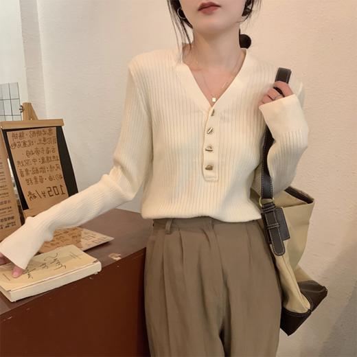 【初秋上新，V领针织衫】混纺初秋新款女士V领套头针织衫 百搭长袖气质显瘦  商品图0