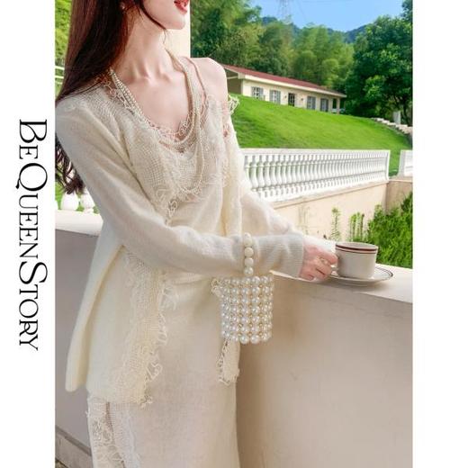 BeQueenStory【快乐音符】羊驼毛马海毛重工蕾丝织绣柔软毛衣三件套 商品图4