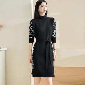 剩S/M/XL 米思阳2026春季新款时尚设计感连衣裙拼接几何长袖绑带一步裙2510